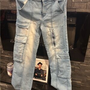 Light Blue Cargo Jeans size, small medium boutique jeans, cargo